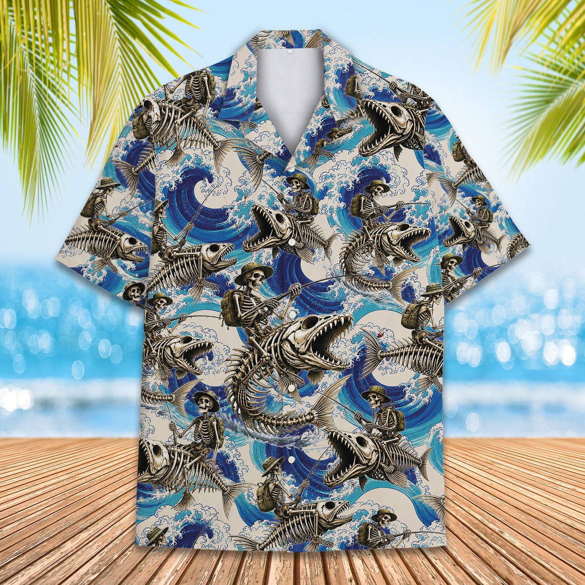 Additional front angle of the fishing hawaiian shirt