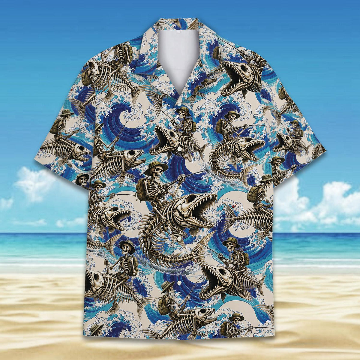 Close up front view of the skeleton fishing print