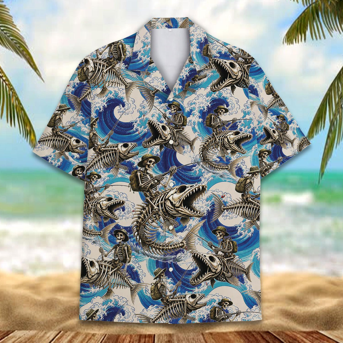 Full front view of the skeleton fishing shirt