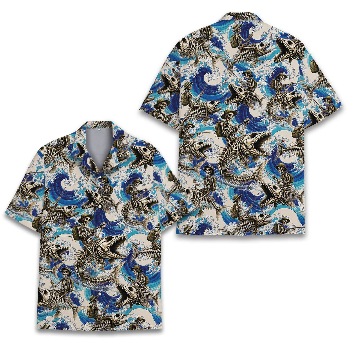 Front view of the blue skeleton hawaiian shirt