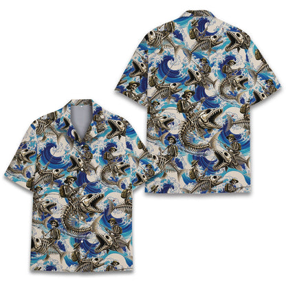 Front view of the blue skeleton hawaiian shirt