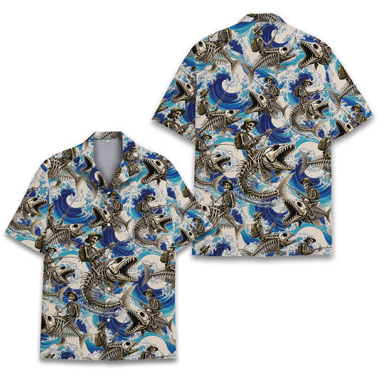 Skeleton fishing hawaiian shirt showing front view