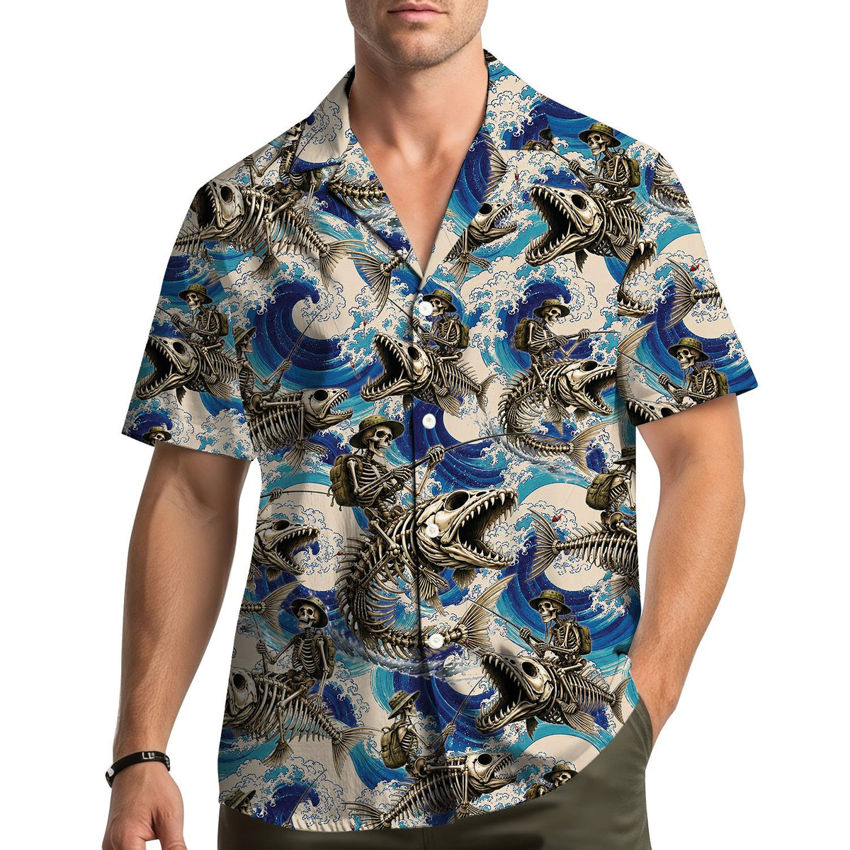 Person wearing the skeleton fishing hawaiian shirt in a lifestyle setting