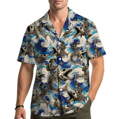 Person wearing the skeleton fishing hawaiian shirt in a lifestyle setting