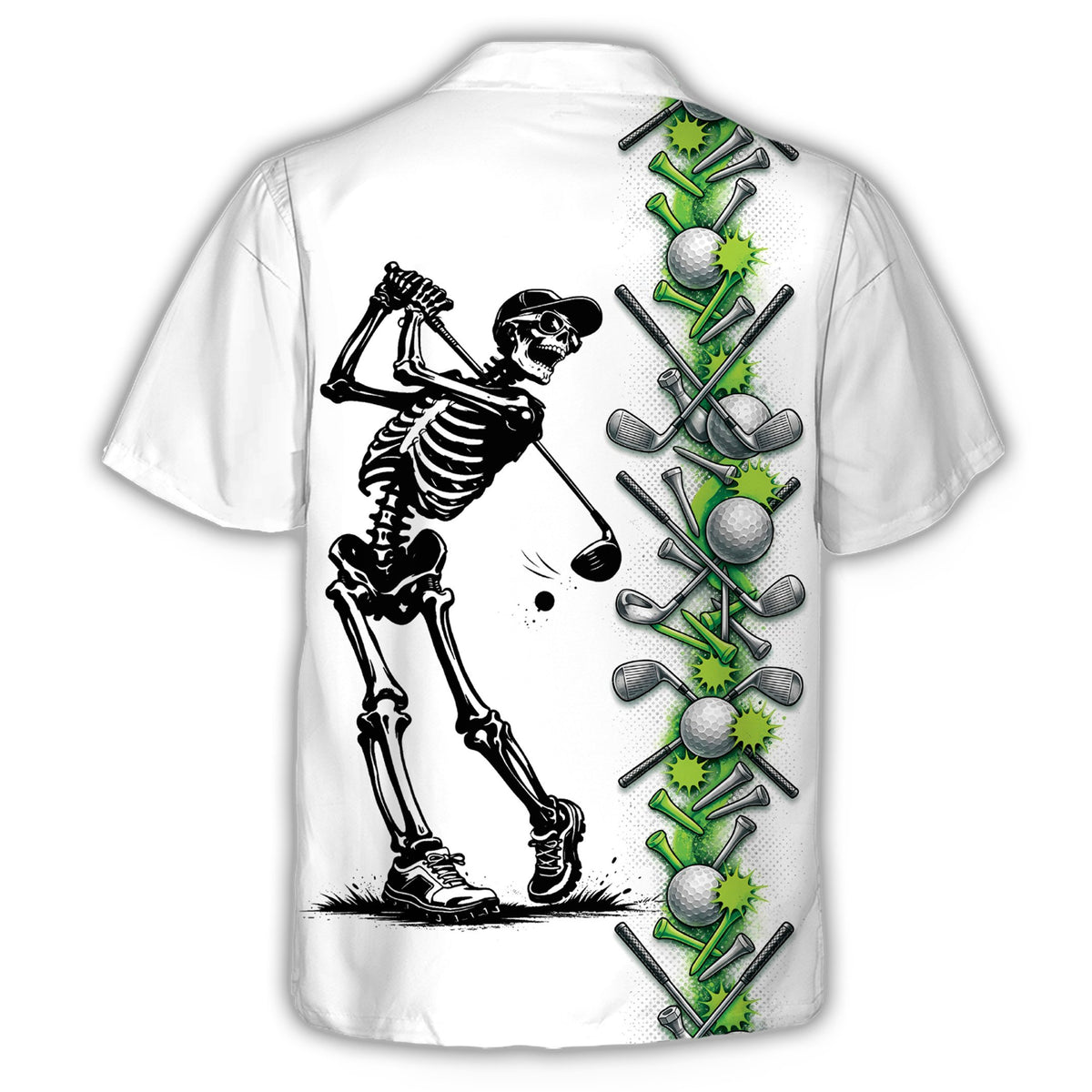 Back view of the skeleton golf hawaiian shirt