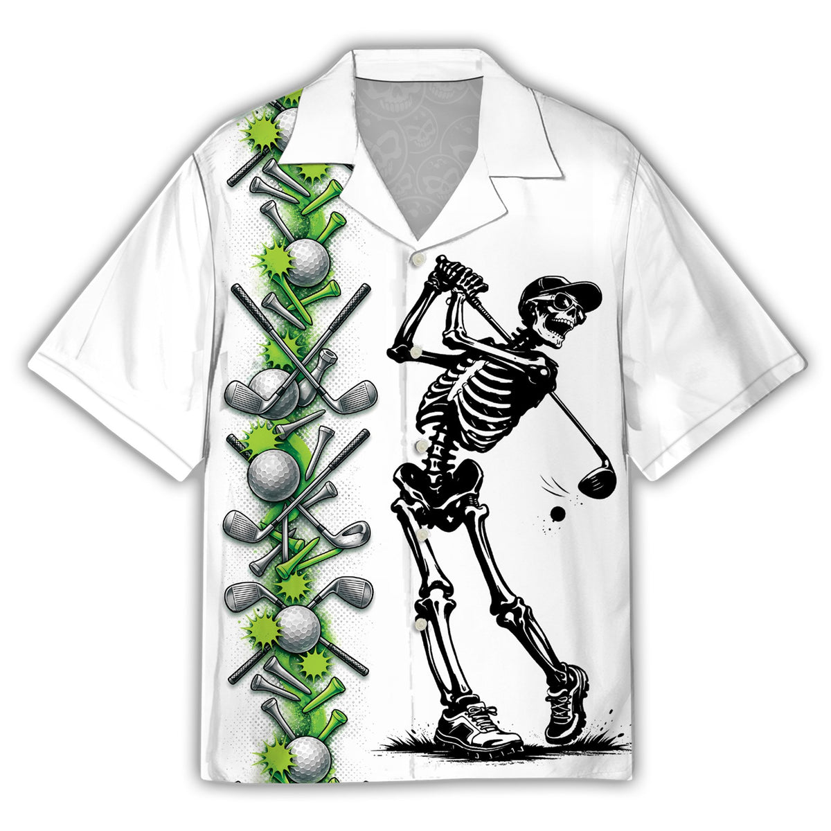 Front view of the white skeleton golf hawaiian shirt