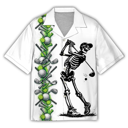 Front view of the white skeleton golf hawaiian shirt