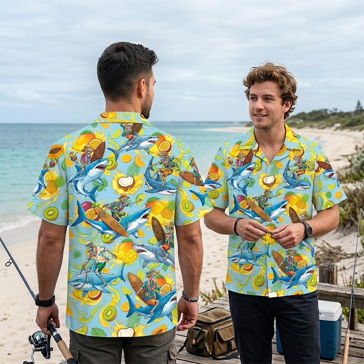 Back view of the matching family hawaiian shirt with skeleton and shark design