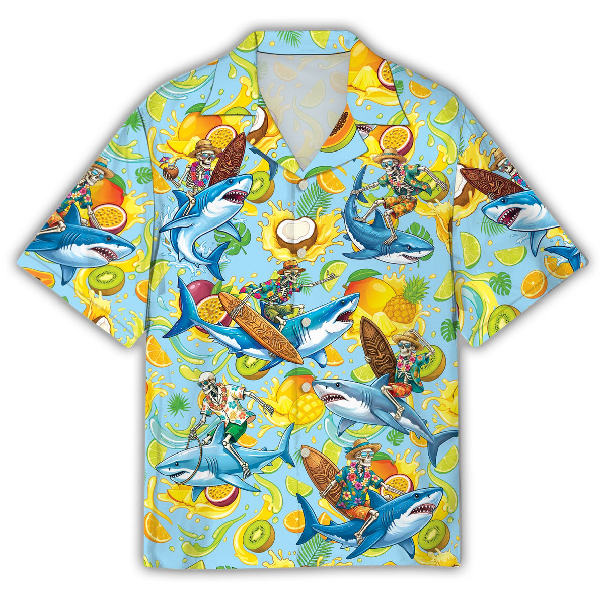 Detail view of the tropical pattern with skeletons surfing on sharks