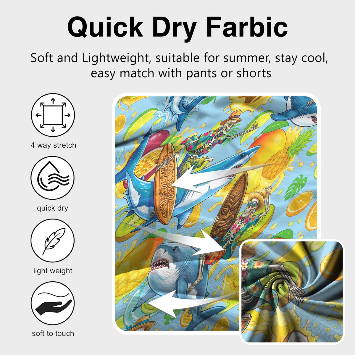 Main view of the skeleton, shark, tropical fruits hawaiian shirt in light blue