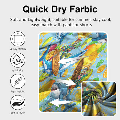 Main view of the skeleton, shark, tropical fruits hawaiian shirt in light blue