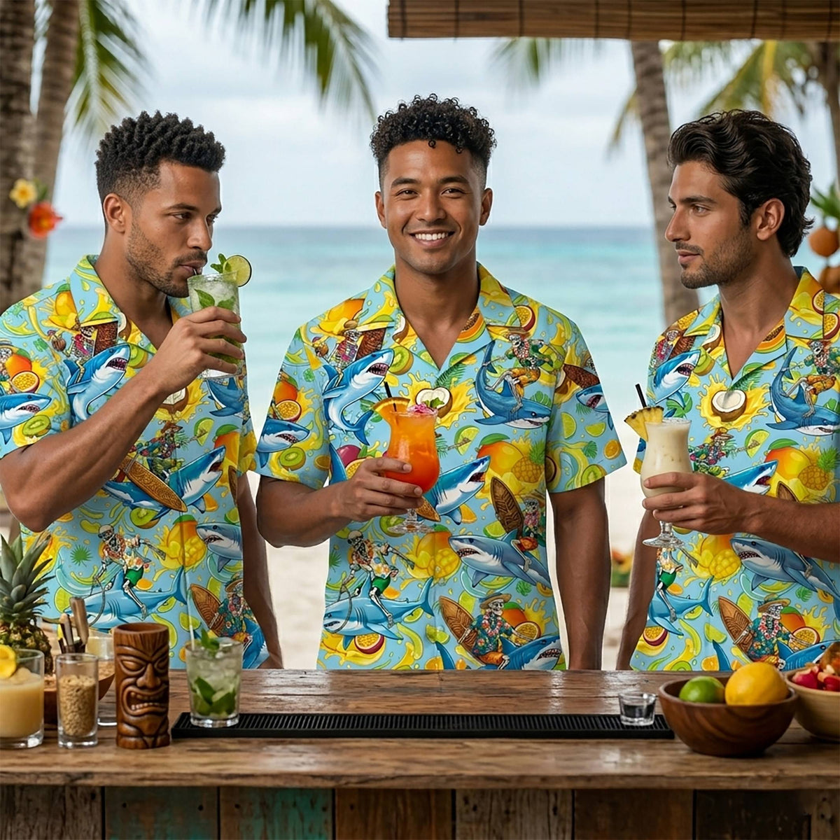 Second lifestyle view featuring the tropical skeleton hawaiian shirt