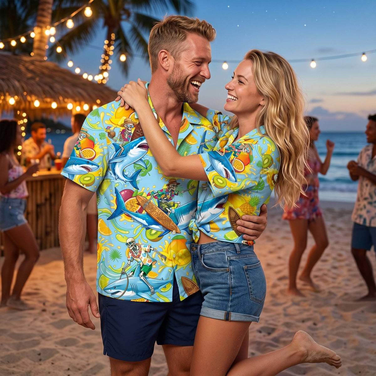 Third lifestyle view showing the blue skeleton hawaiian shirt outdoors