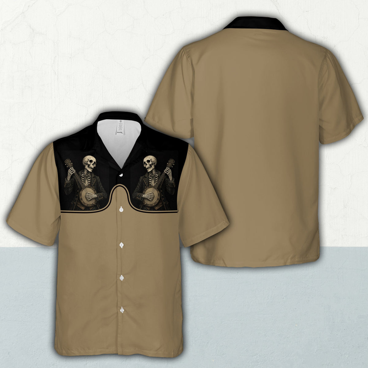 Mens shirts matching family hawaiian design featuring banjo playing skeletons on beige and black, front view