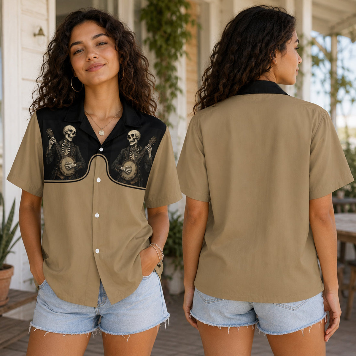 Lifestyle view of the beige skeletons hawaiian shirt with banjo playing skeletons design worn by a model