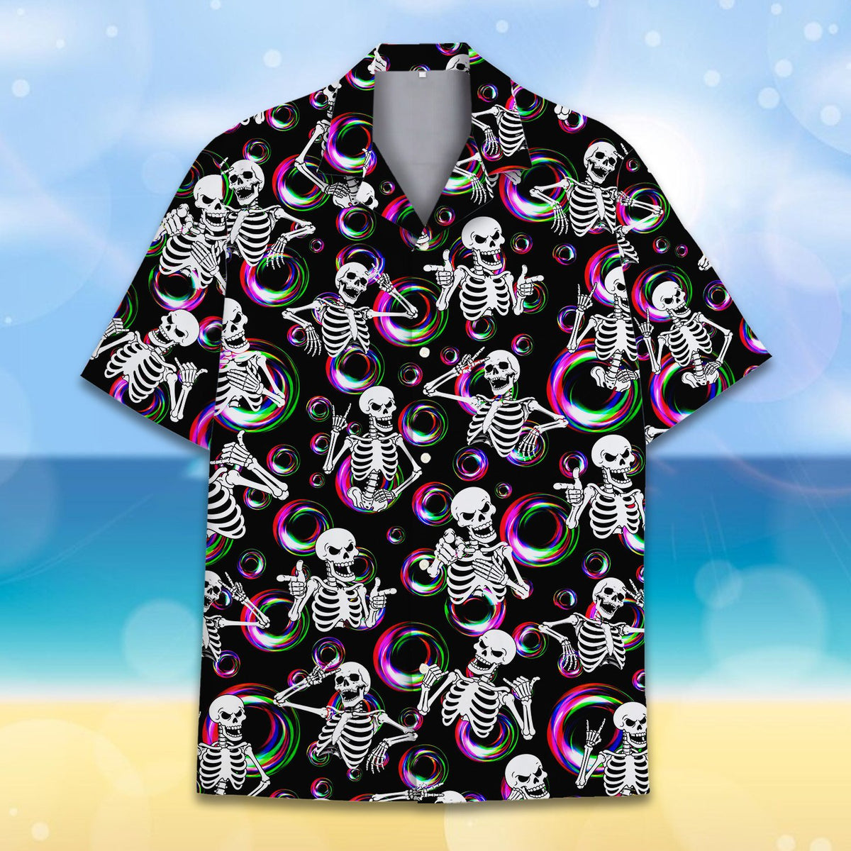 Front view of the matching family hawaiian shirt with skeleton hands