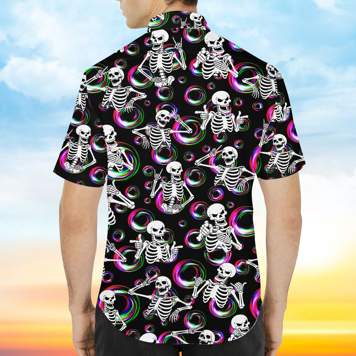 Lifestyle view showing the skeletons hawaiian shirt on a model