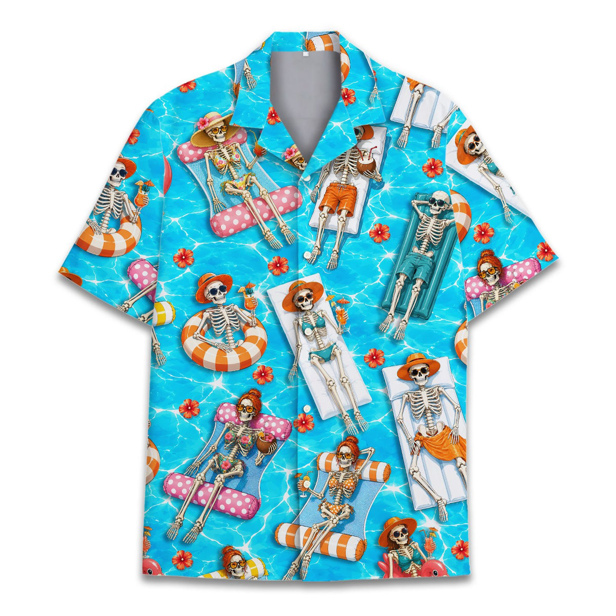 Skeletons pool party hawaiian shirt, front view