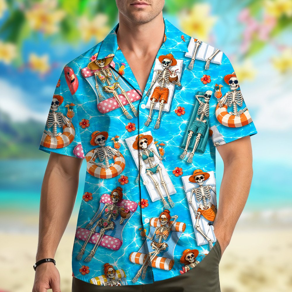 Second lifestyle view of skeletons pool party hawaiian shirt