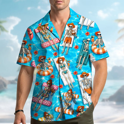 Third lifestyle view of skeletons pool party hawaiian shirt