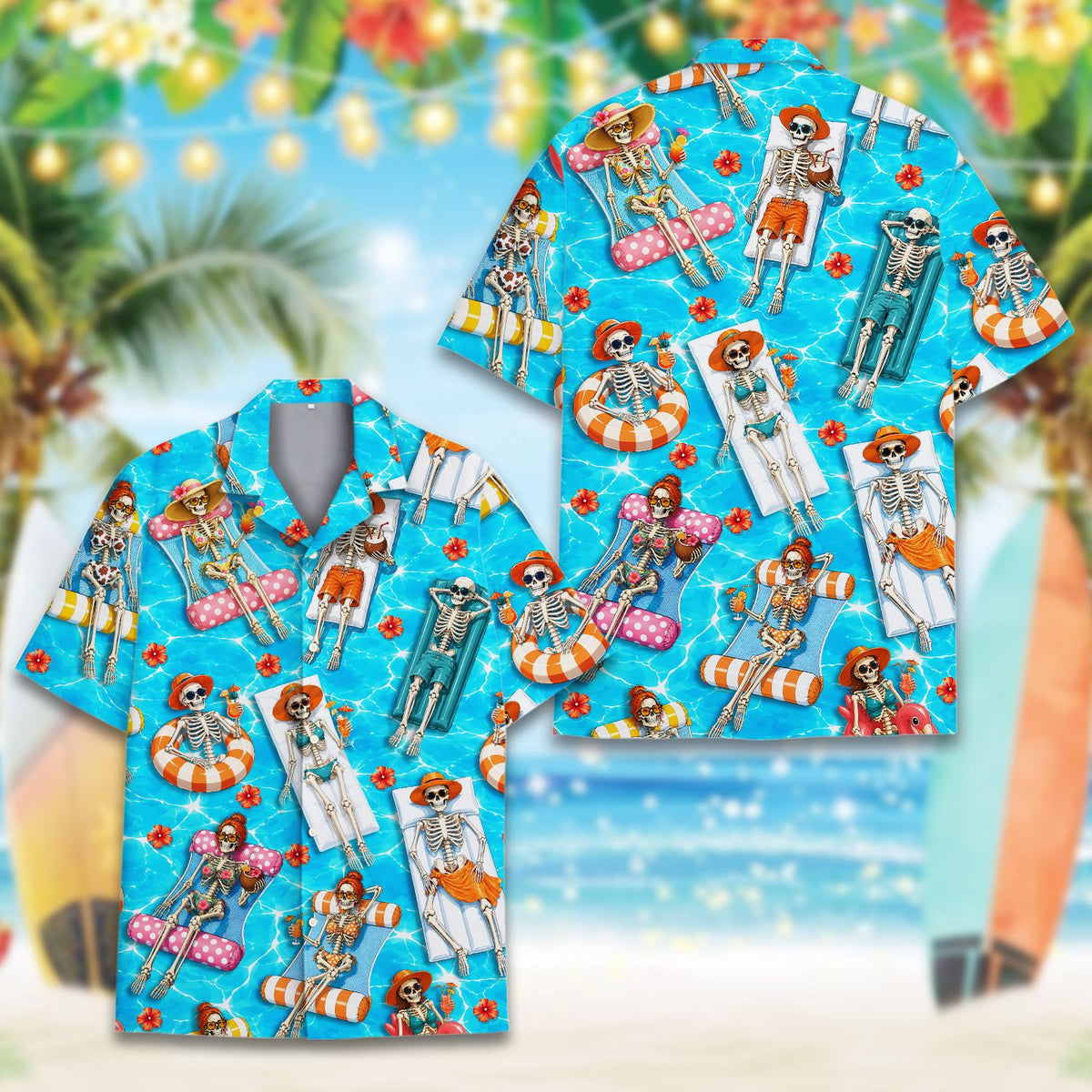 Second detail view of skeletons pool party hawaiian shirt