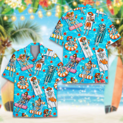 Second detail view of skeletons pool party hawaiian shirt
