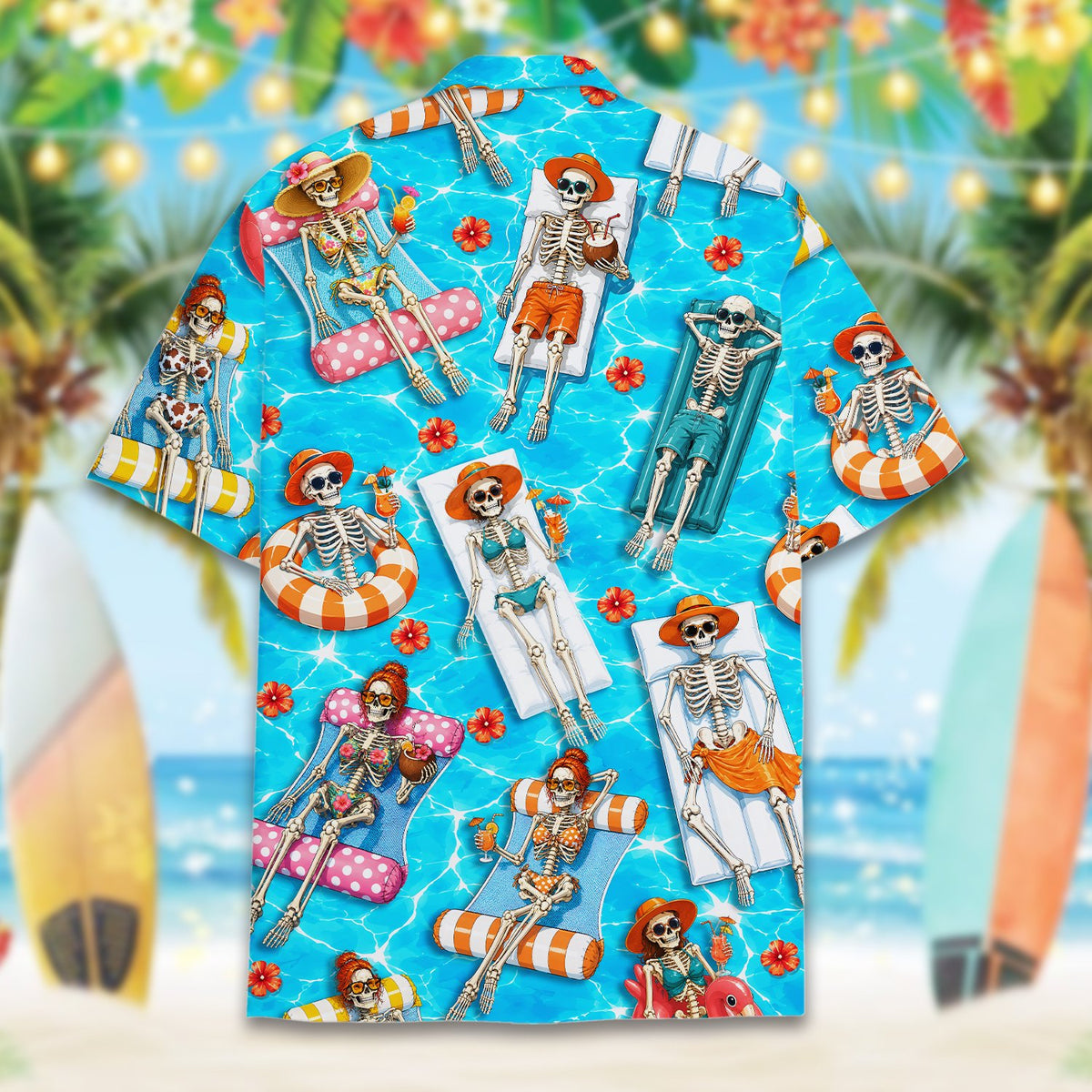 Third detail view of skeletons pool party hawaiian shirt
