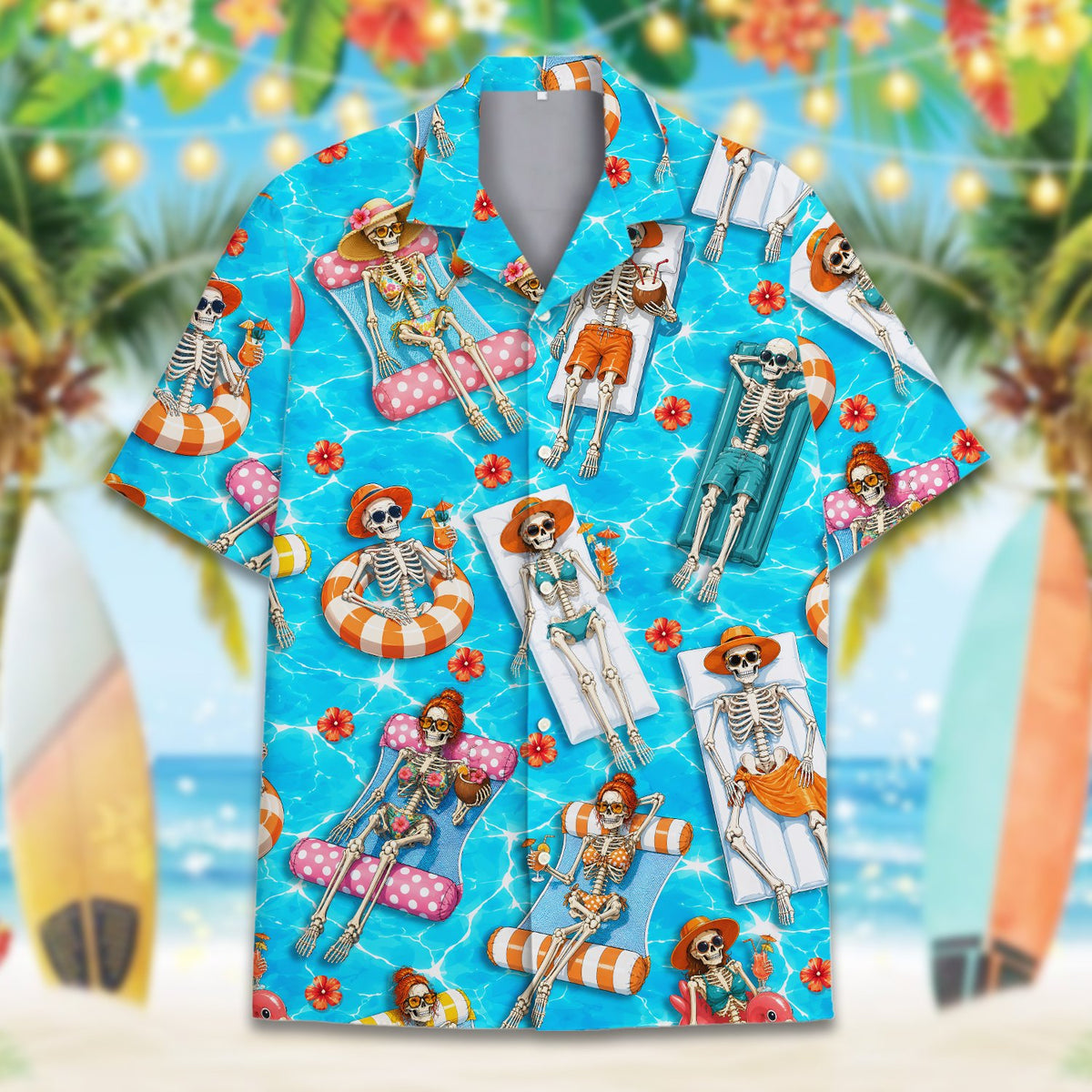 Fourth detail view of skeletons pool party hawaiian shirt