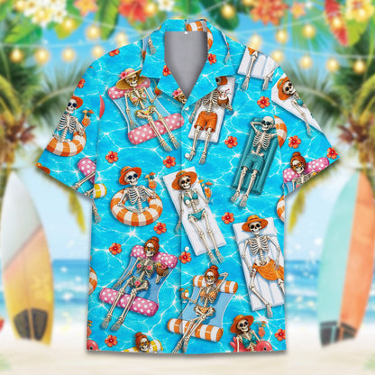 Fourth detail view of skeletons pool party hawaiian shirt