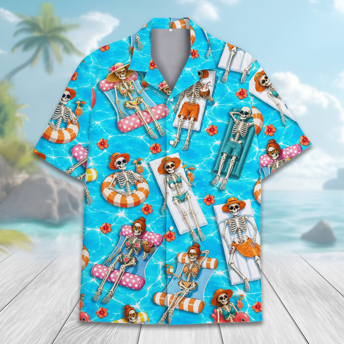Fifth detail view of skeletons pool party hawaiian shirt