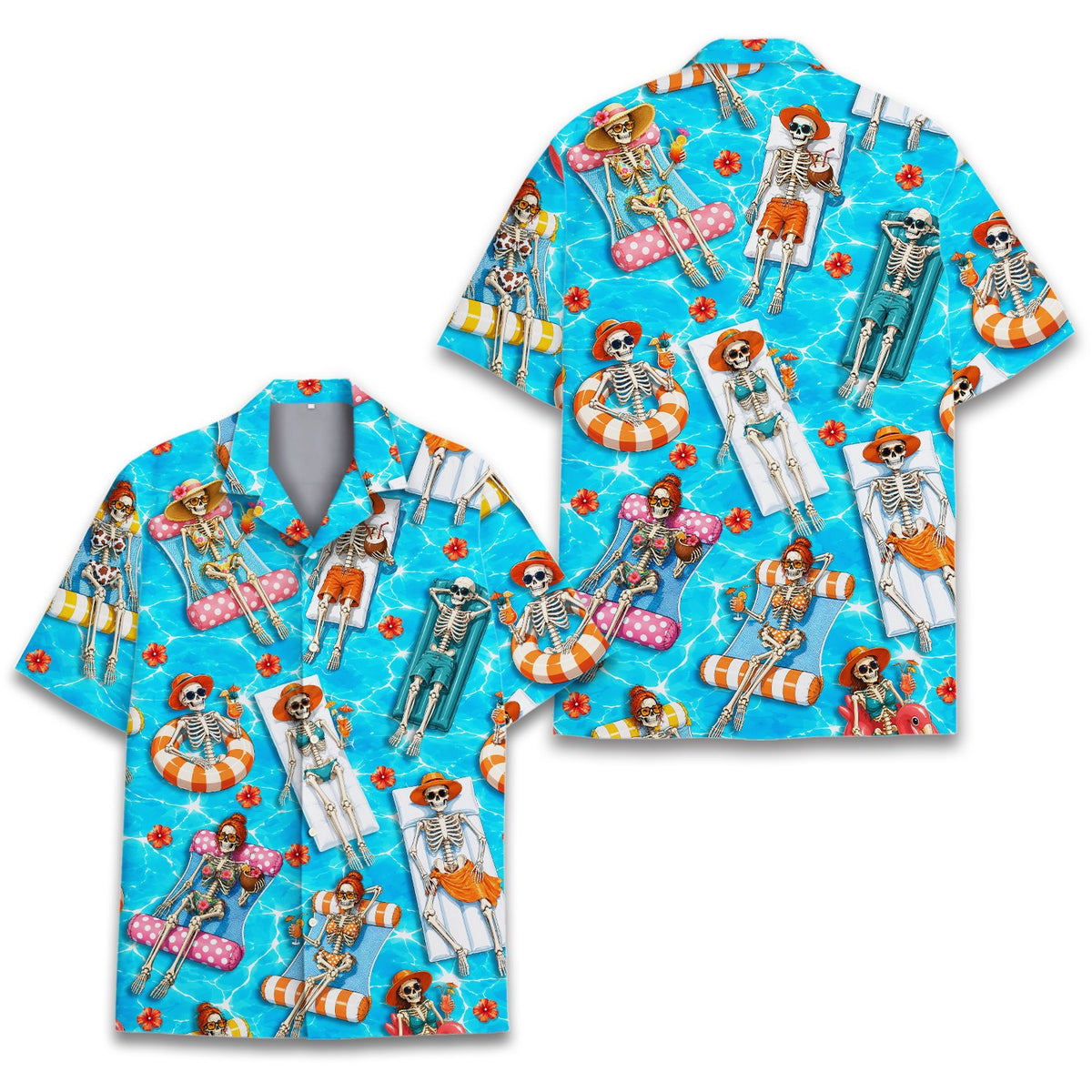 Detail view of skeletons pool party hawaiian shirt