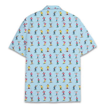 Back view of the blue skiing hawaiian shirt