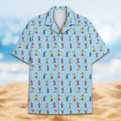 Alternate front view of the blue skiing hawaiian shirt