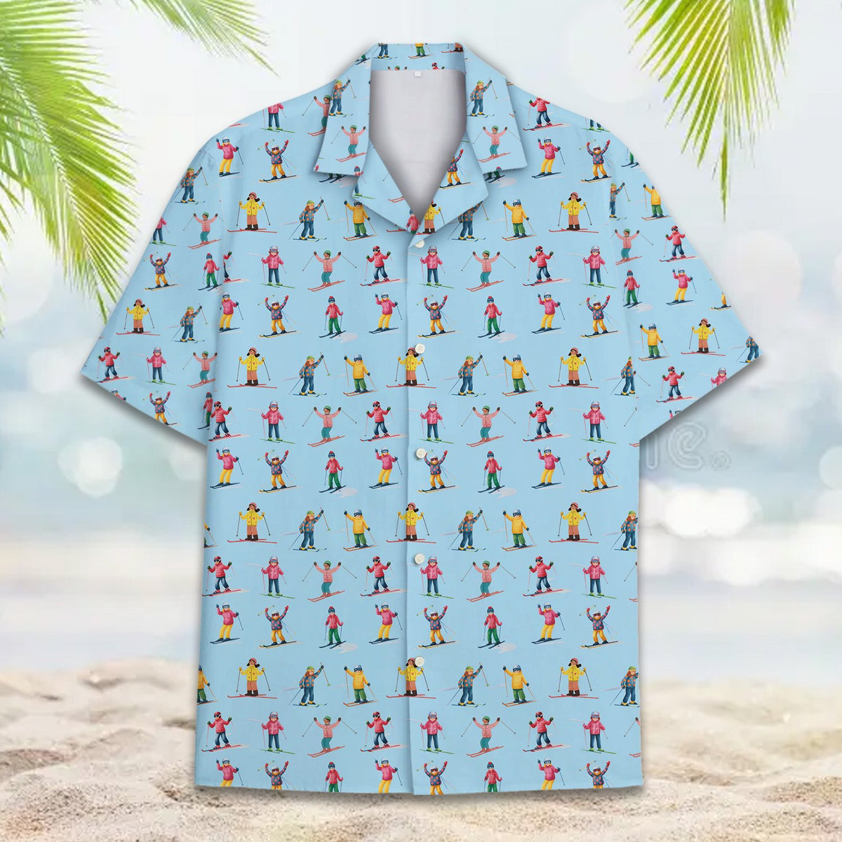 Detailed front view showing the button-down collar of the skiing hawaiian shirt