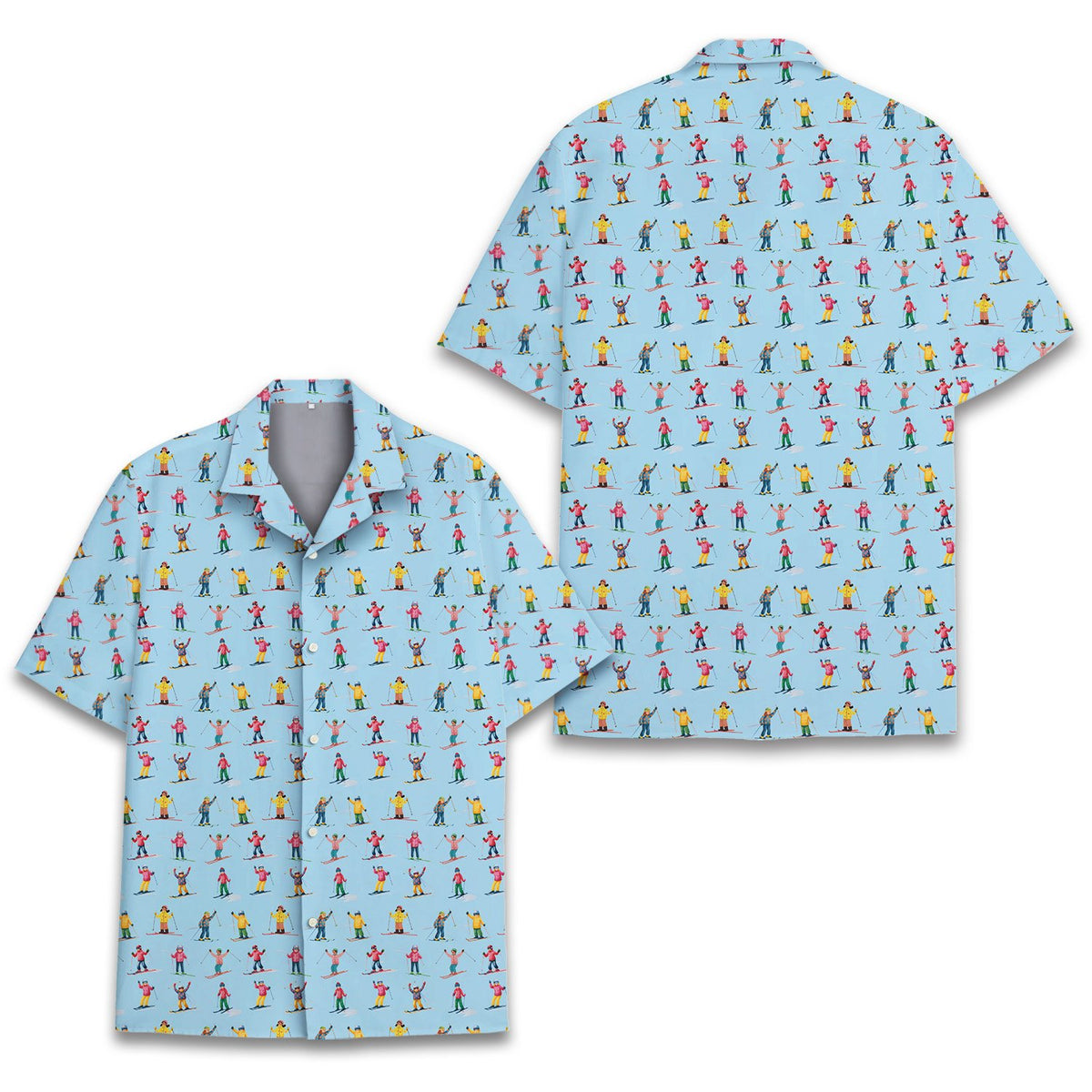 Close-up front view of the colorful skier illustrations on the blue hawaiian shirt