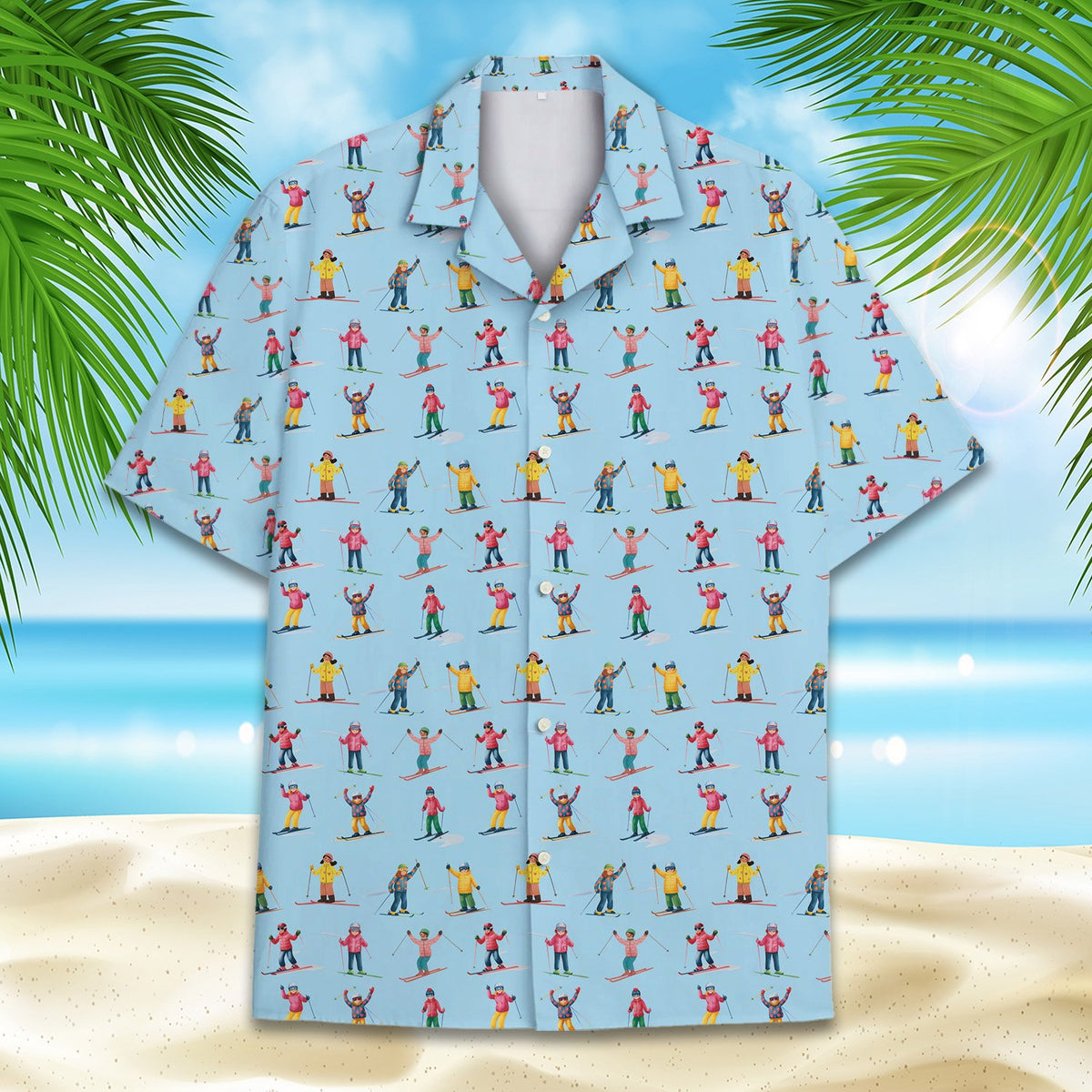 Front view of the matching family hawaiian shirt with a skiing pattern
