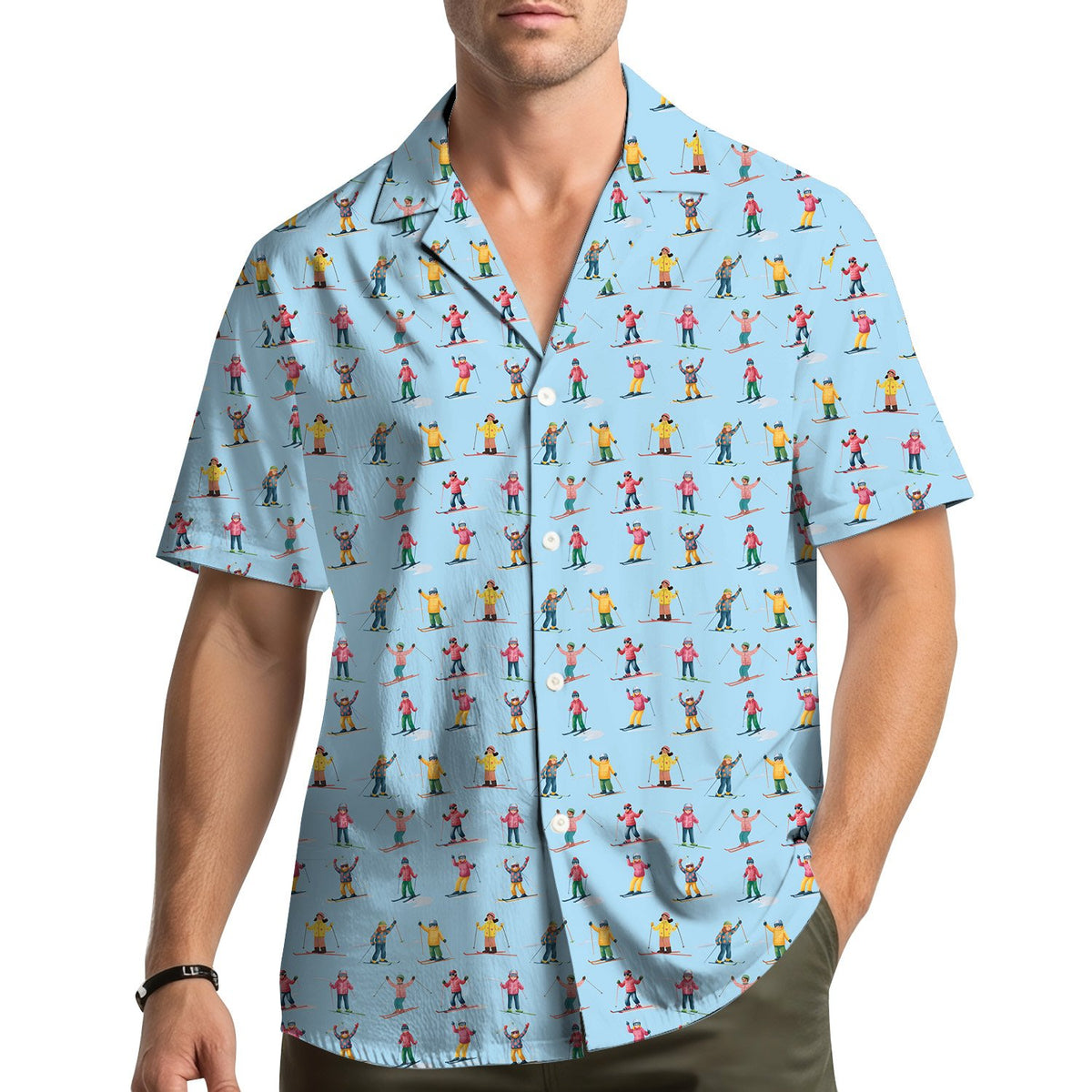 Lifestyle view of a person wearing the blue skiing hawaiian shirt