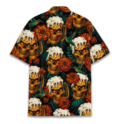 Back view of the skull and beer hawaiian shirt against a dark background