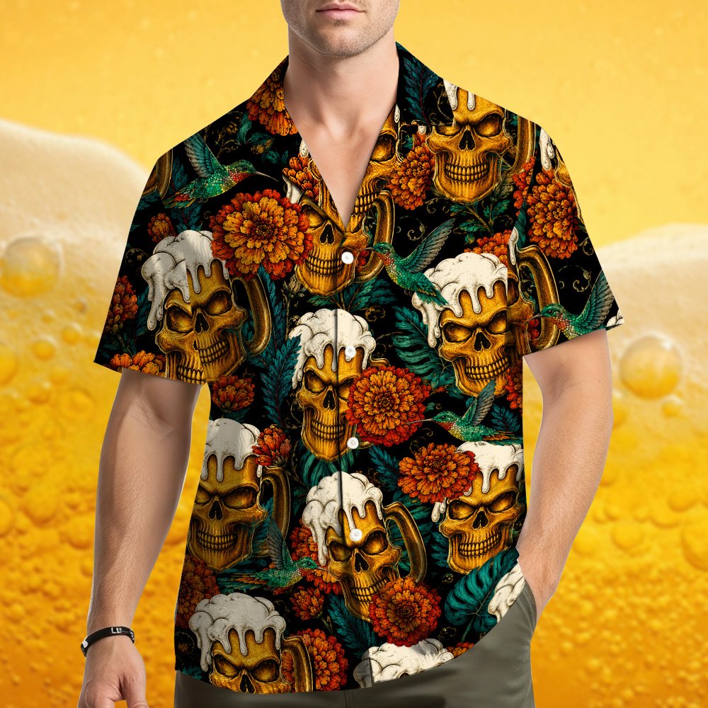 Another front view of the matching family hawaiian shirts with skull beer mug pattern