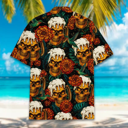 Front detail of the skull and beer hawaiian shirt with vibrant floral accents