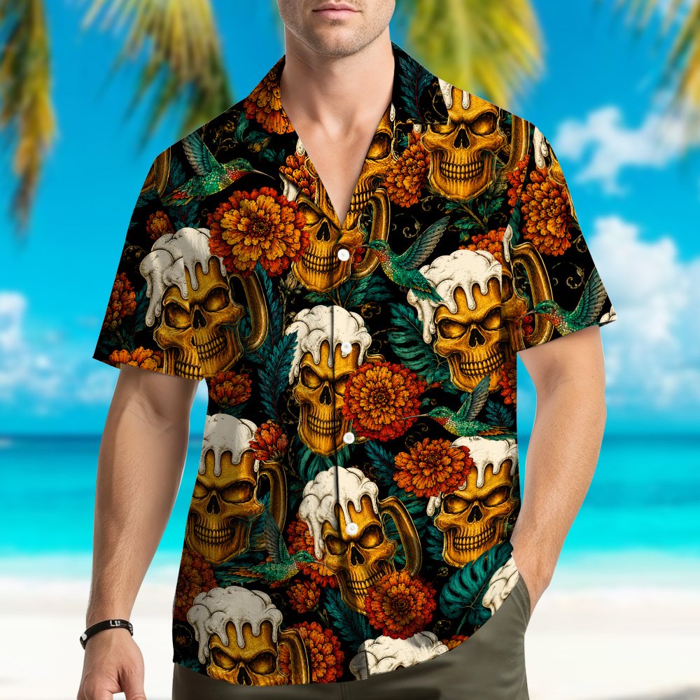 Another lifestyle view showing the fit of the skull and beer hawaiian shirt