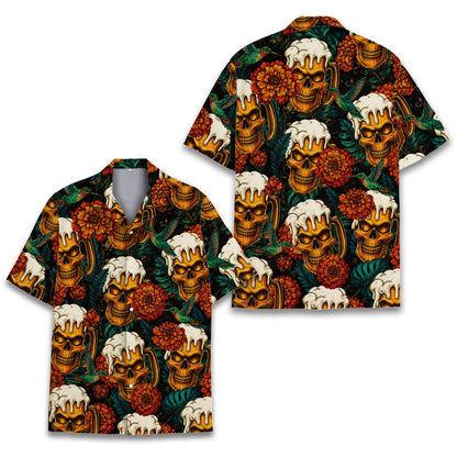 Close-up lifestyle shot of the skull and beer hawaiian shirt pattern