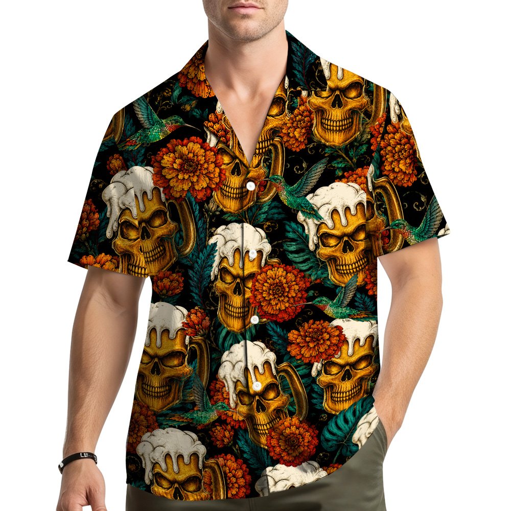 Lifestyle shot of a person wearing the skull and beer hawaiian shirt for Halloween