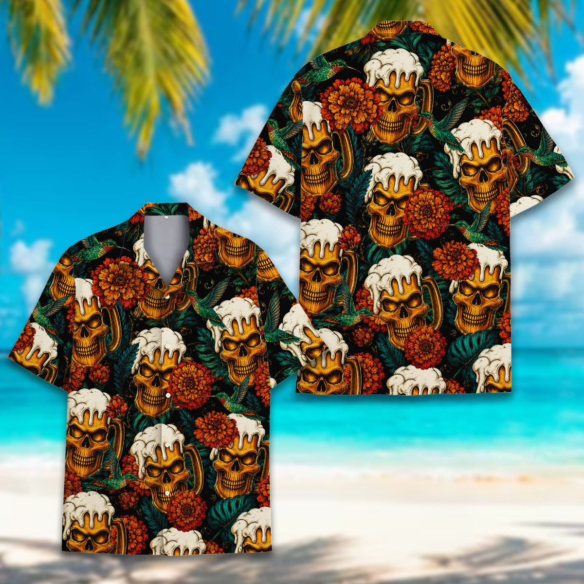 Alternative detailed view showing the hummingbirds and marigolds on the hawaiian shirt