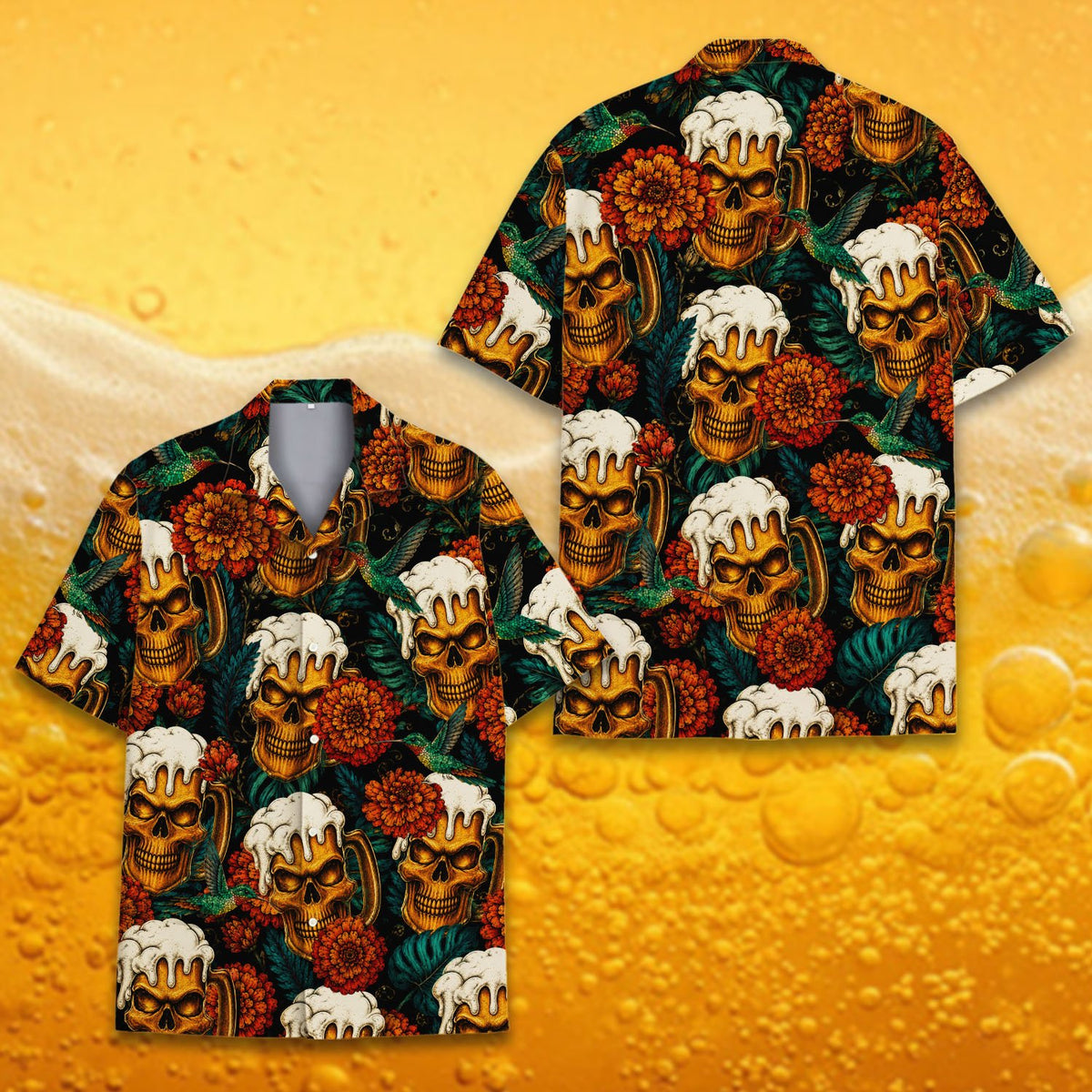 Detailed view of the skull and beer hawaiian shirt fabric and print