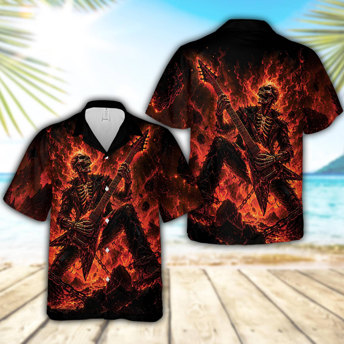 Front view of the skull and fire hawaiian shirt with red and orange flames