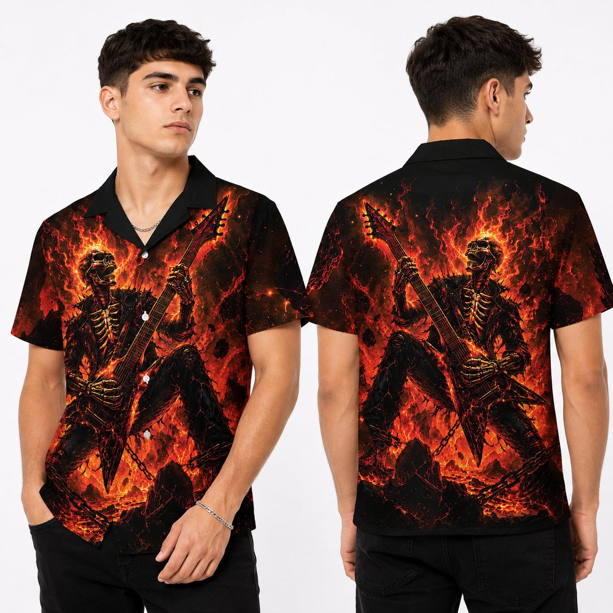Lifestyle view of someone wearing the matching family hawaiian shirts in a skull and fire design