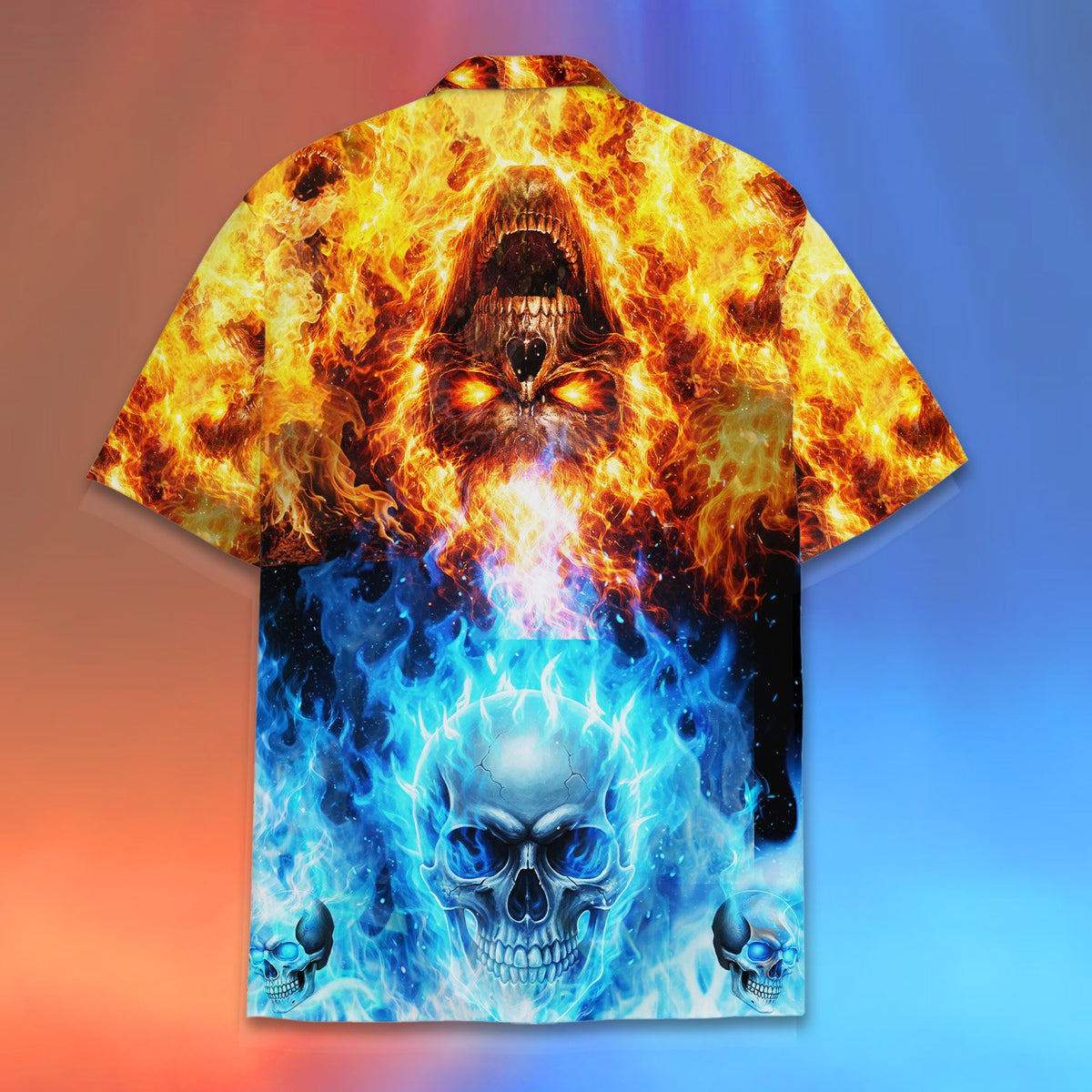 Second back view of the fire and ice skull button down