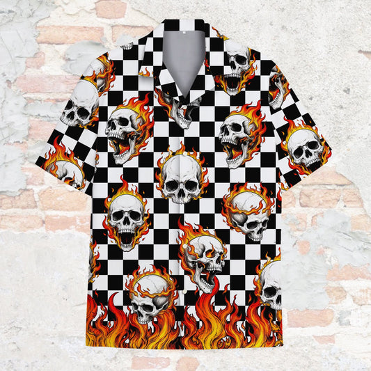 Matching family hawaiian shirts with burning skull checkerboard design, main view