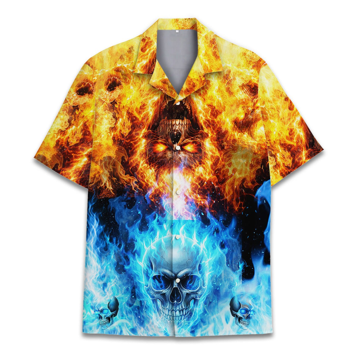 Front view of the adult skull Hawaiian shirt in orange and blue